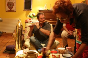 Sylpain on a Chinese flute during our music exchange.